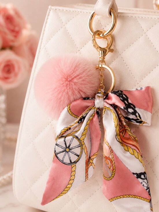 Handbags - Pink Gold Purse Charm Pom Pom Bag Charm Scarf Bow Keychain Designer Inspired